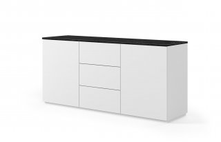 Buffet WHITY 2 blanc mat 180cm 2 portes/3 tiroirs Plateau en Marbre noir